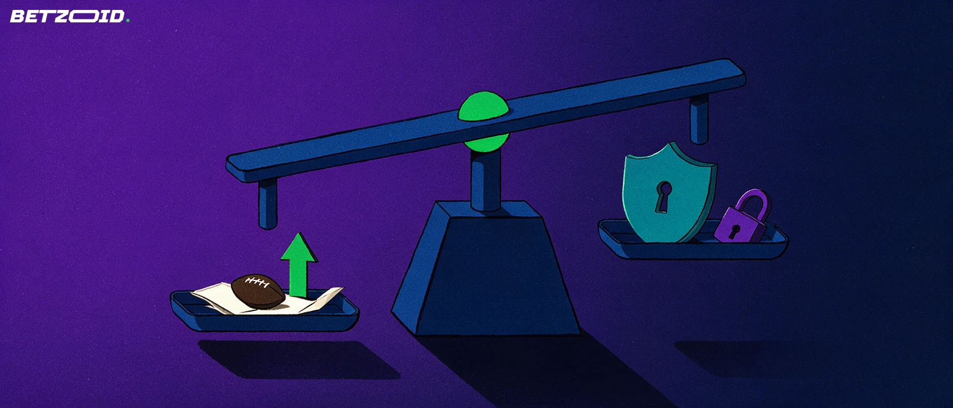 Illustration of a balance scale weighing a betting slip with a football symbol against a shield and padlock.