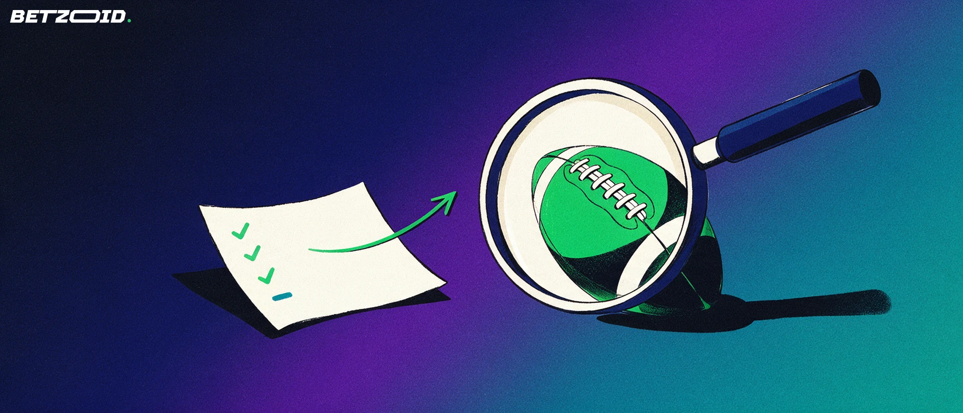 Ilustração de uma lupa grande examinando uma bola de futebol ao lado de um bilhete de aposta com marcas de verificação.