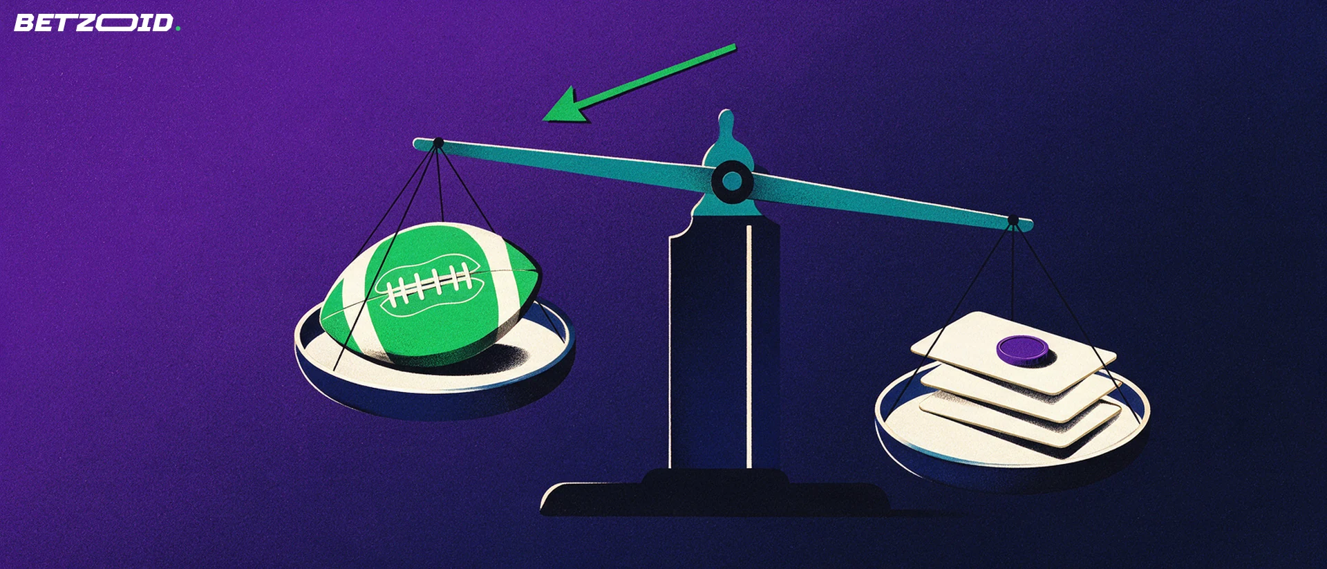 Ilustração de uma balança equilibrando uma bola de futebol de um lado e uma pilha de cartões com uma moeda do outro.