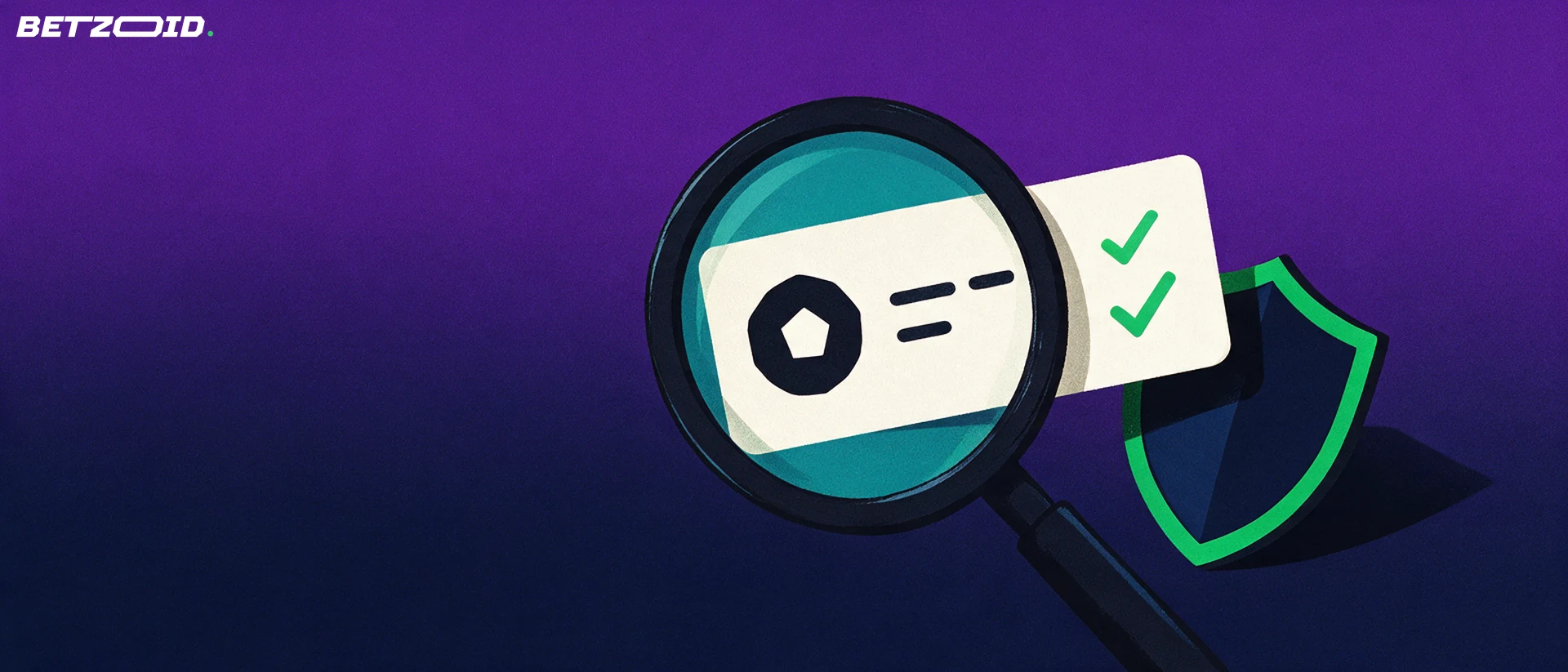 Ilustração de uma lupa ampliando um bilhete de aposta com ícone de bola, linhas de condições e marcas de verificação, ao lado de um escudo.