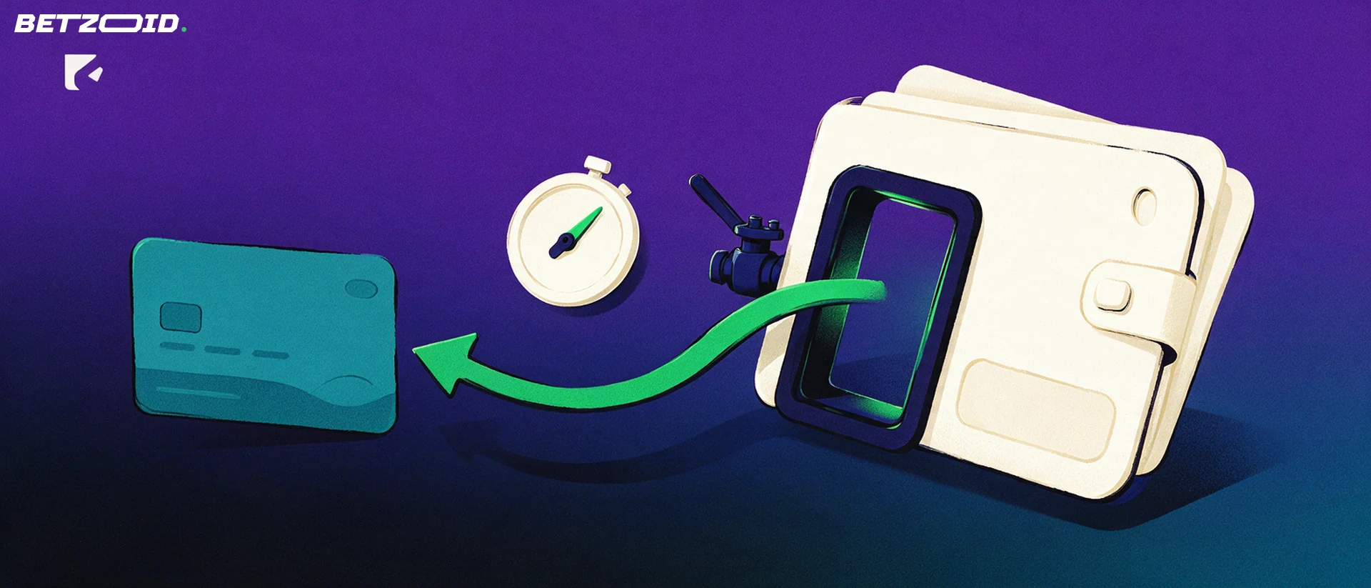 Ilustração de uma carteira com uma seta verde saindo por um portão em direção a um cartão, ao lado de uma válvula e um cronômetro.