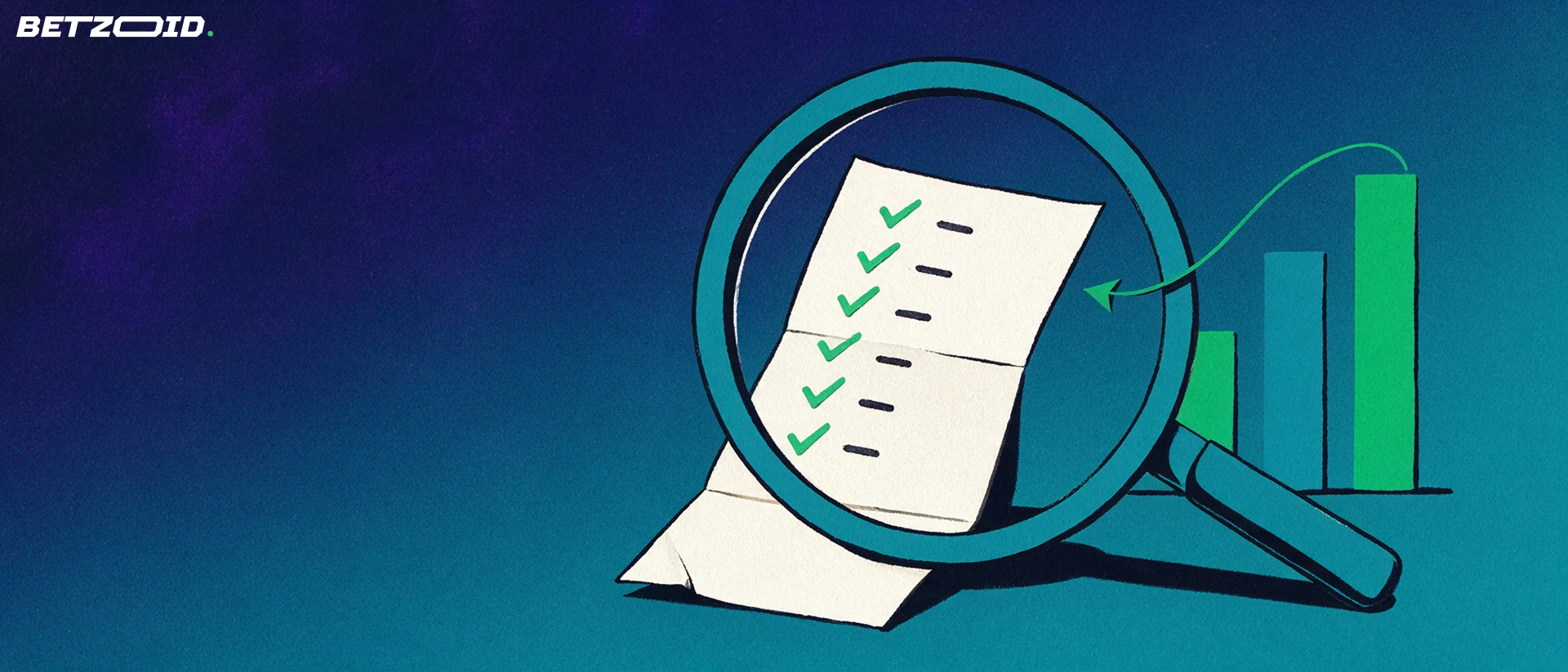 Ilustração de uma grande lupa examinando um boletim de apostas com marcas de verificação e um pequeno gráfico de barras ao fundo.
