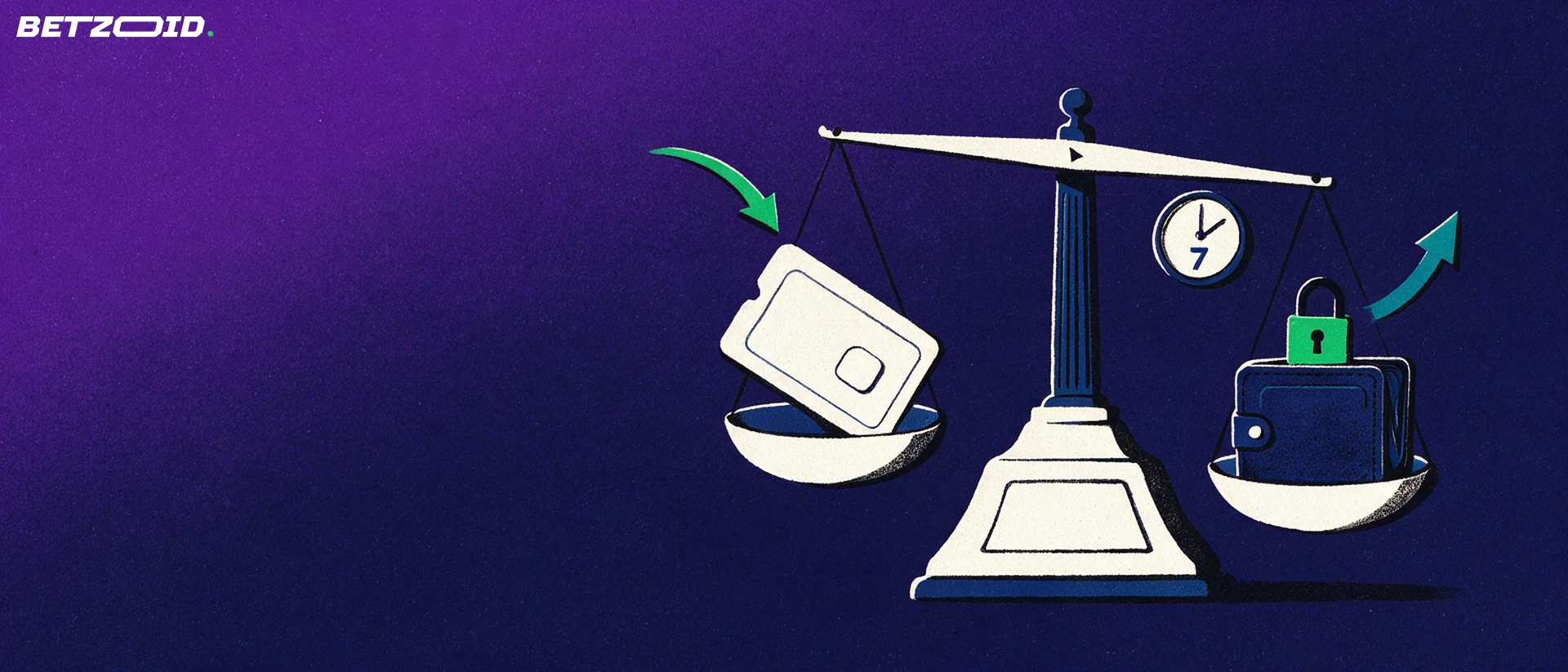 Ilustração de uma balança equilibrando um cartão de pagamento e uma carteira com cadeado, com setas indicando depósitos e saques.