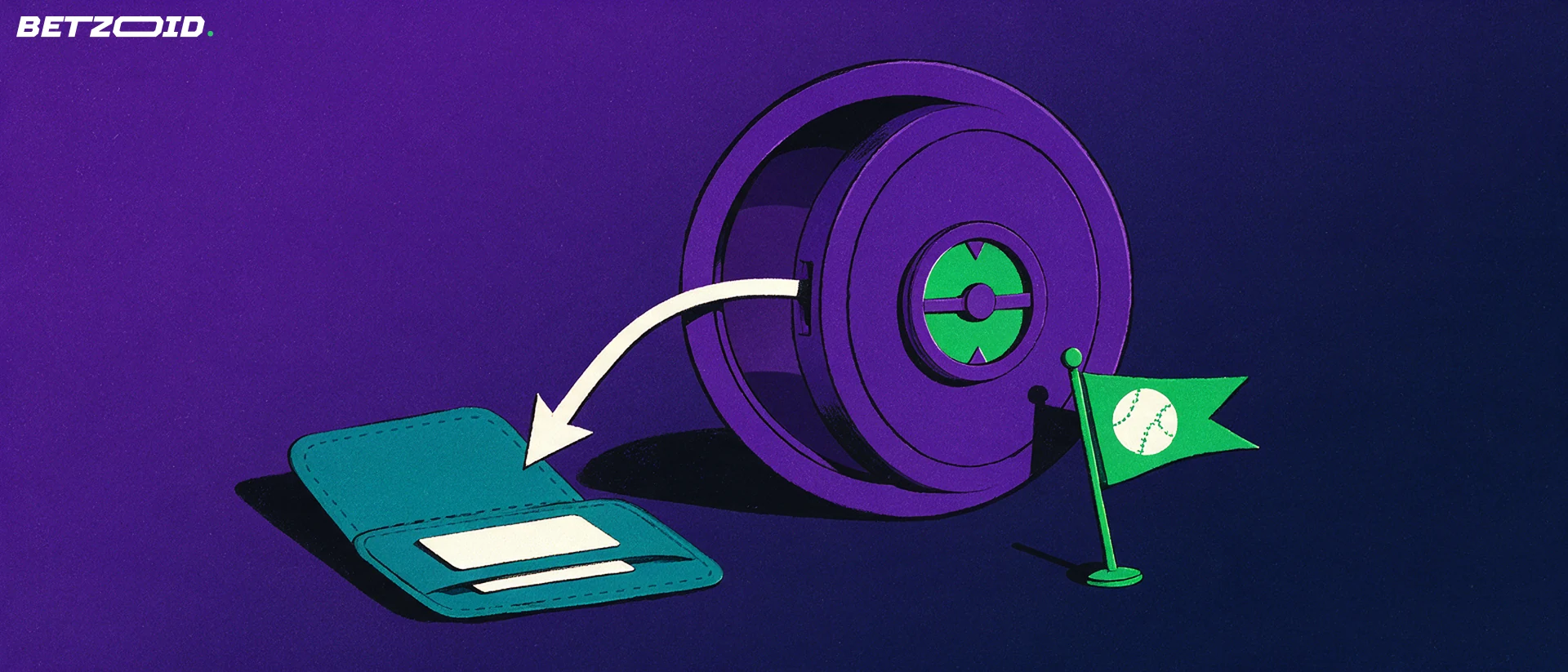 Illustration of a vault with an arrow pointing into an open wallet beside a small sports pennant, showing betting payouts