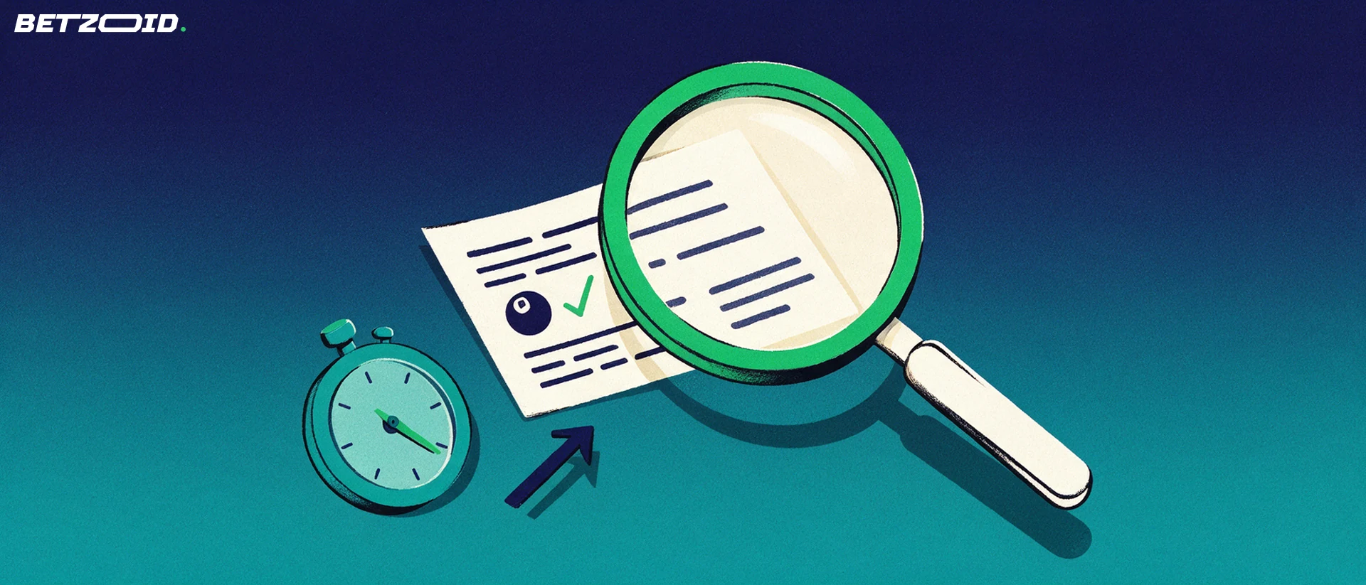 Ilustração de uma grande lupa examinando um bilhete de aposta com marca de confirmação, ao lado de um cronômetro que sugere apostas ao vivo.