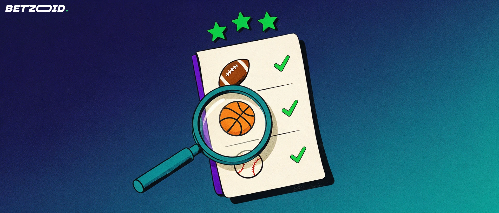 Illustration of a magnifying glass examining a betting slip marked with football, basketball and baseball symbols beside rating stars.
