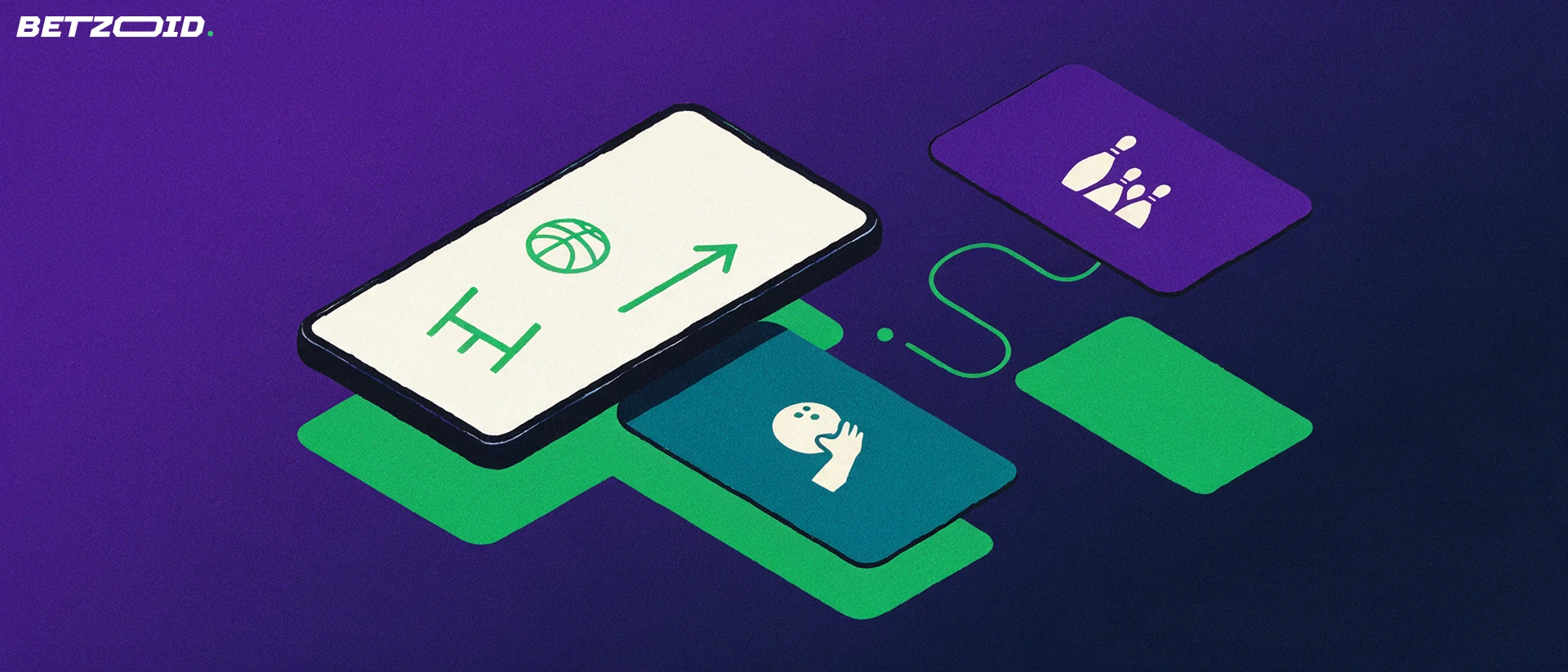Illustration of a tilted smartphone showing simple sports glyphs and a rising line, with two floating app panels beside it.