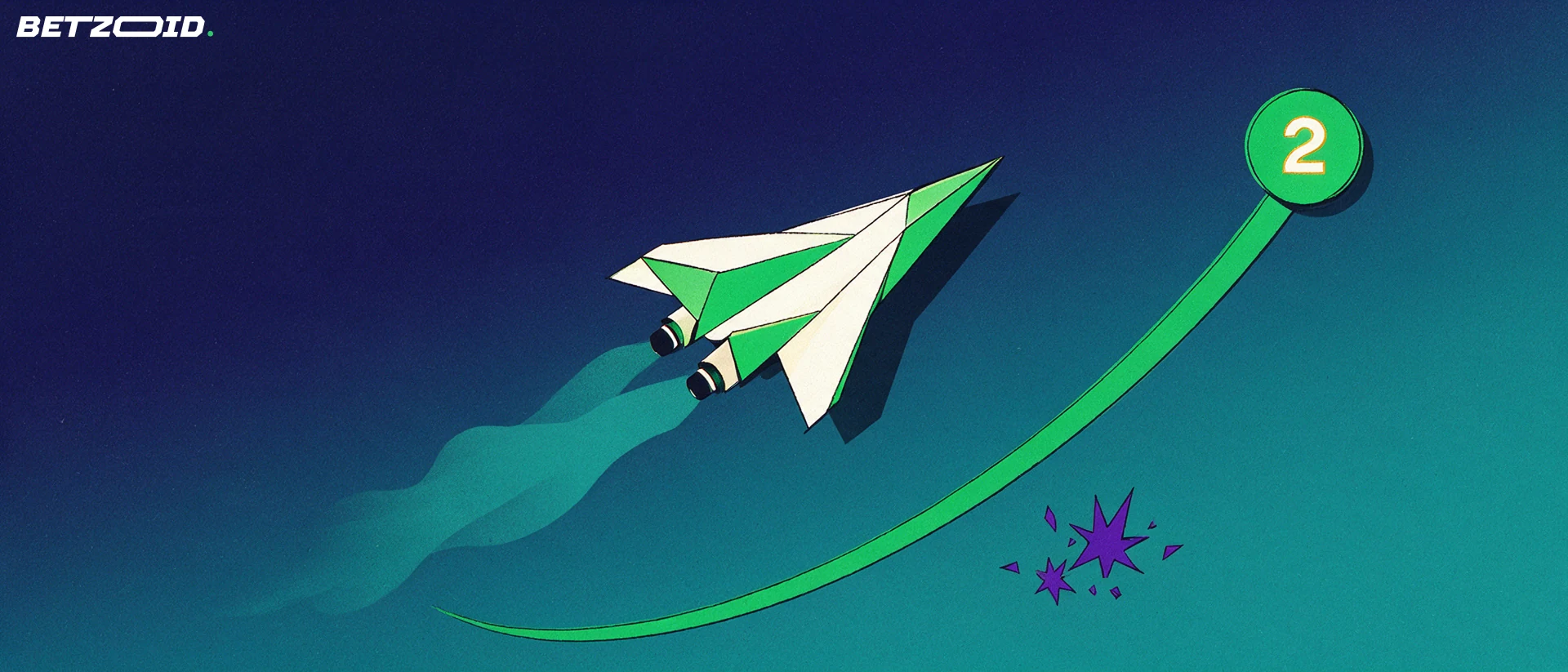 Ilustração de um avião estilizado subindo ao longo de uma curva verde ascendente com um selo redondo marcado com o número 2, sobre fundo azul-marinho e verde-azulado.