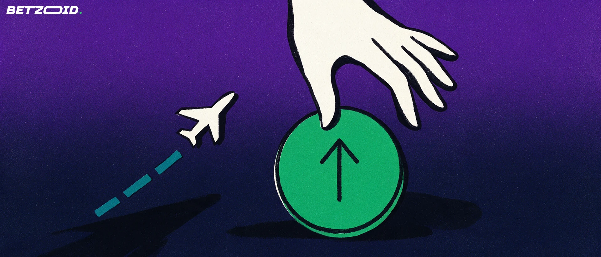Ilustração de uma mão adulta estilizada sobre um grande botão verde redondo com seta para cima, ao lado de um pequeno avião e uma linha tracejada ascendente.
