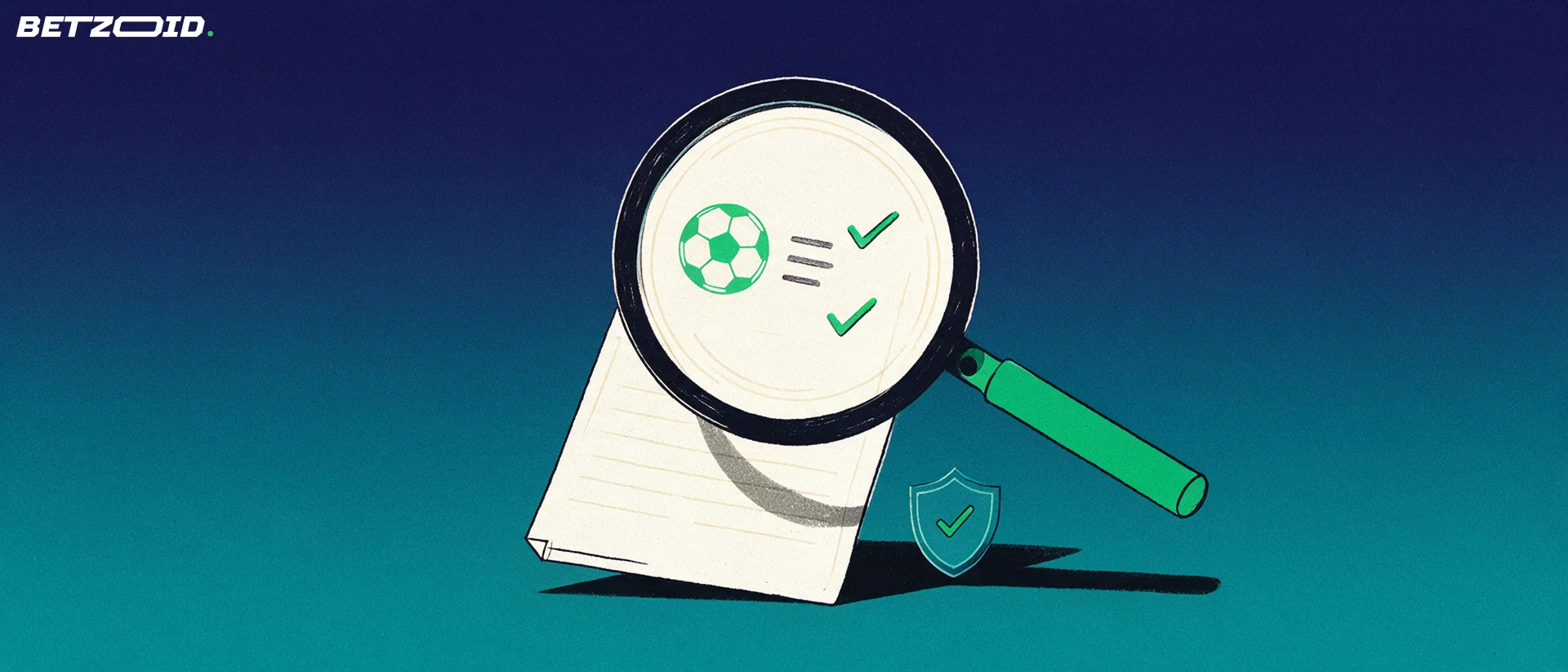 Ilustração de uma grande lupa examinando um bilhete de aposta com símbolo de futebol, marcas de verificação e um pequeno escudo com sinal de conferido.