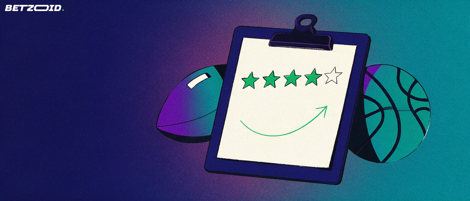Illustration of a clipboard with a row of five stars, four filled, beside a football and a basketball, suggesting a sportsbook rating.