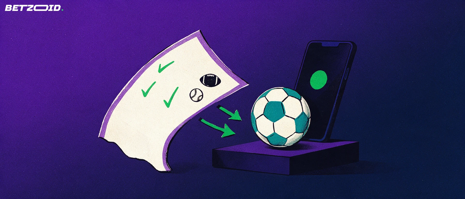 Illustration of a large blank betting slip with tick marks, a soccer ball and a simple phone silhouette showing a ball symbol.