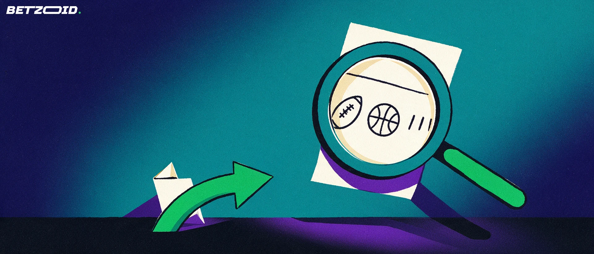 Ilustração de uma grande lupa ampliando um bilhete de apostas com símbolos de futebol e basquete e marcas de verificação.