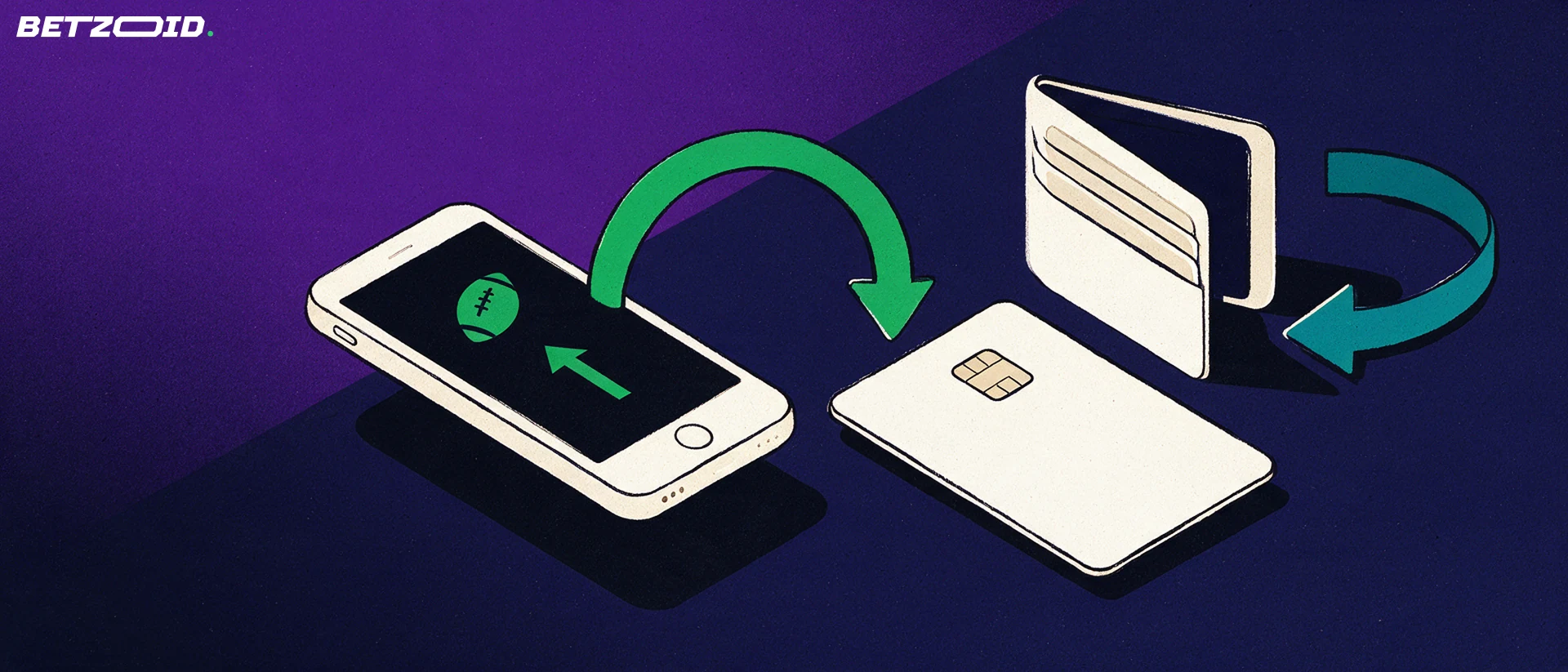 Ilustração de um celular com ícone de futebol na tela ligado por setas circulares a um cartão de pagamento e uma carteira.