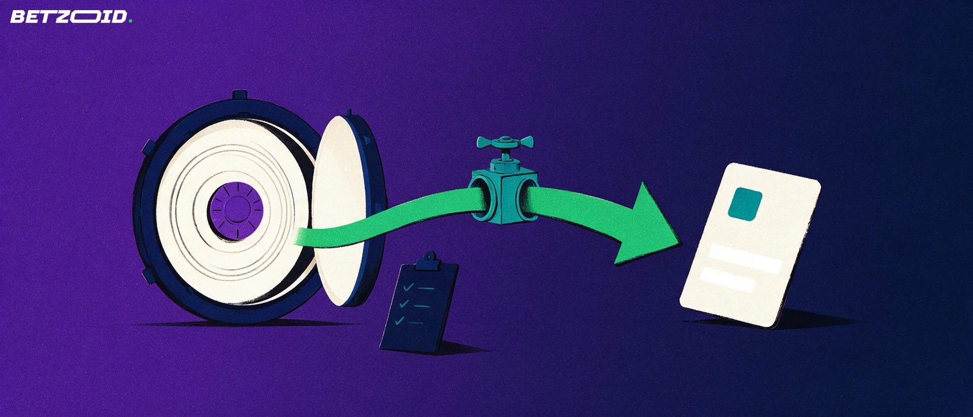 Ilustração de um cofre aberto com uma seta verde que passa por uma válvula e chega a um cartão de pagamento, ao lado de uma prancheta com marcas de verificação.