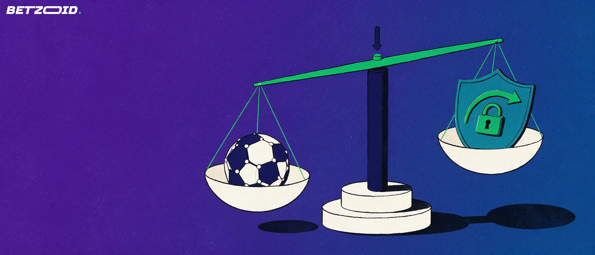 Ilustração de uma balança de dois pratos equilibrando uma bola de futebol e um escudo com cadeado e seta, em fundo roxo e azul.