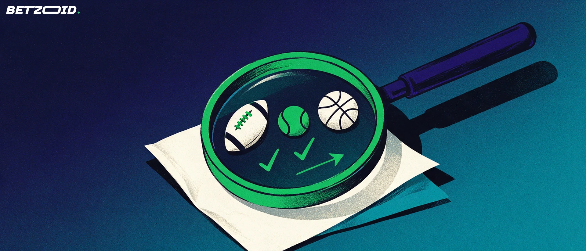 Ilustração de uma grande lupa inclinada sobre um boletim de apostas com símbolos de futebol, tênis e basquete, em fundo azul-marinho e verde.