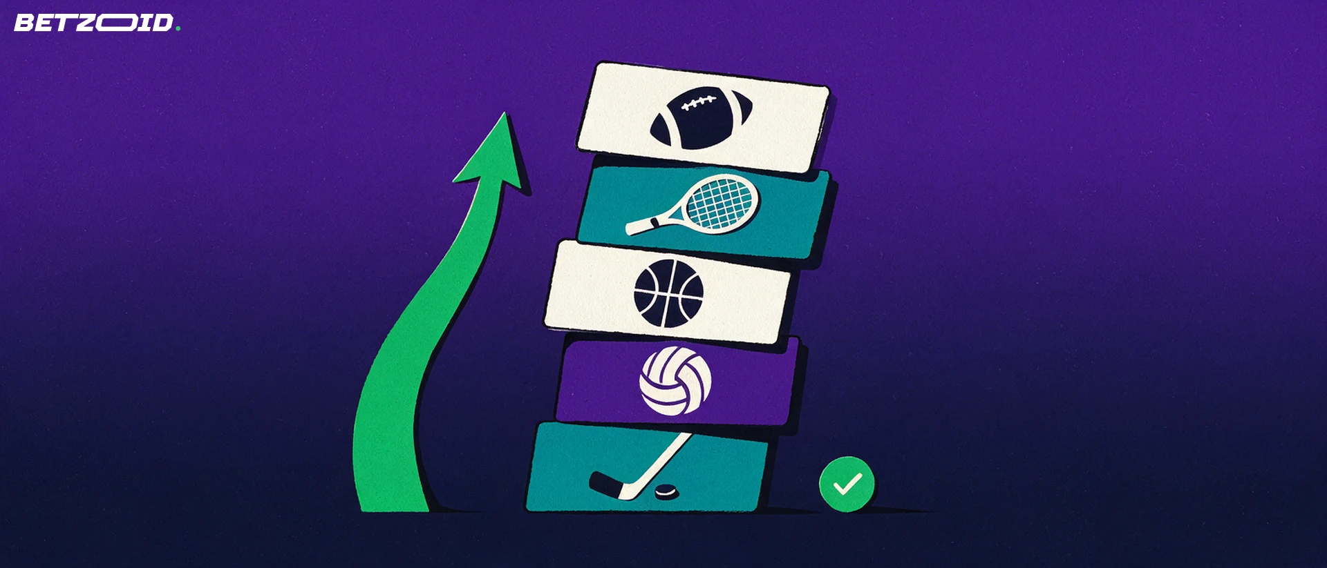 Ilustração de uma pilha inclinada de cartões com ícones de diversos esportes ao lado de uma seta verde para cima e um selo com sinal de correto.