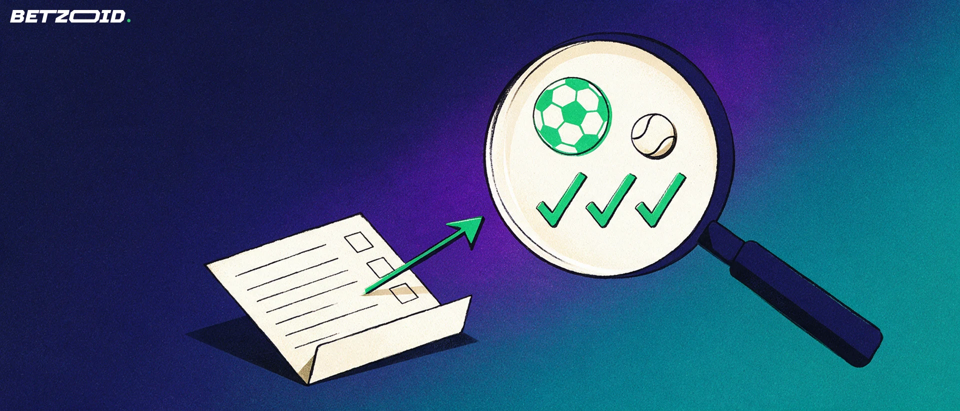 Ilustração de uma grande lupa sobre um bilhete de aposta em papel, com uma bola de futebol e marcas de verificação visíveis na lente.