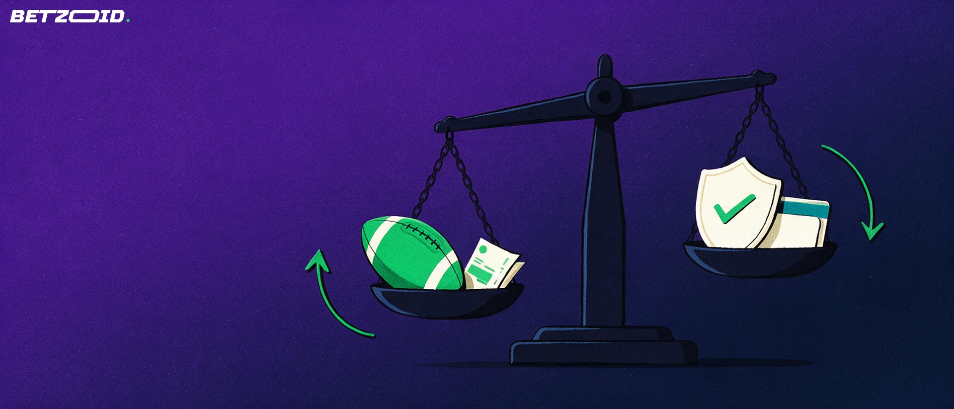 Ilustração de uma balança equilibrando uma bola de futebol e um cupom de aposta de um lado, e um escudo com marca de verificação e cartões de pagamento do outro.
