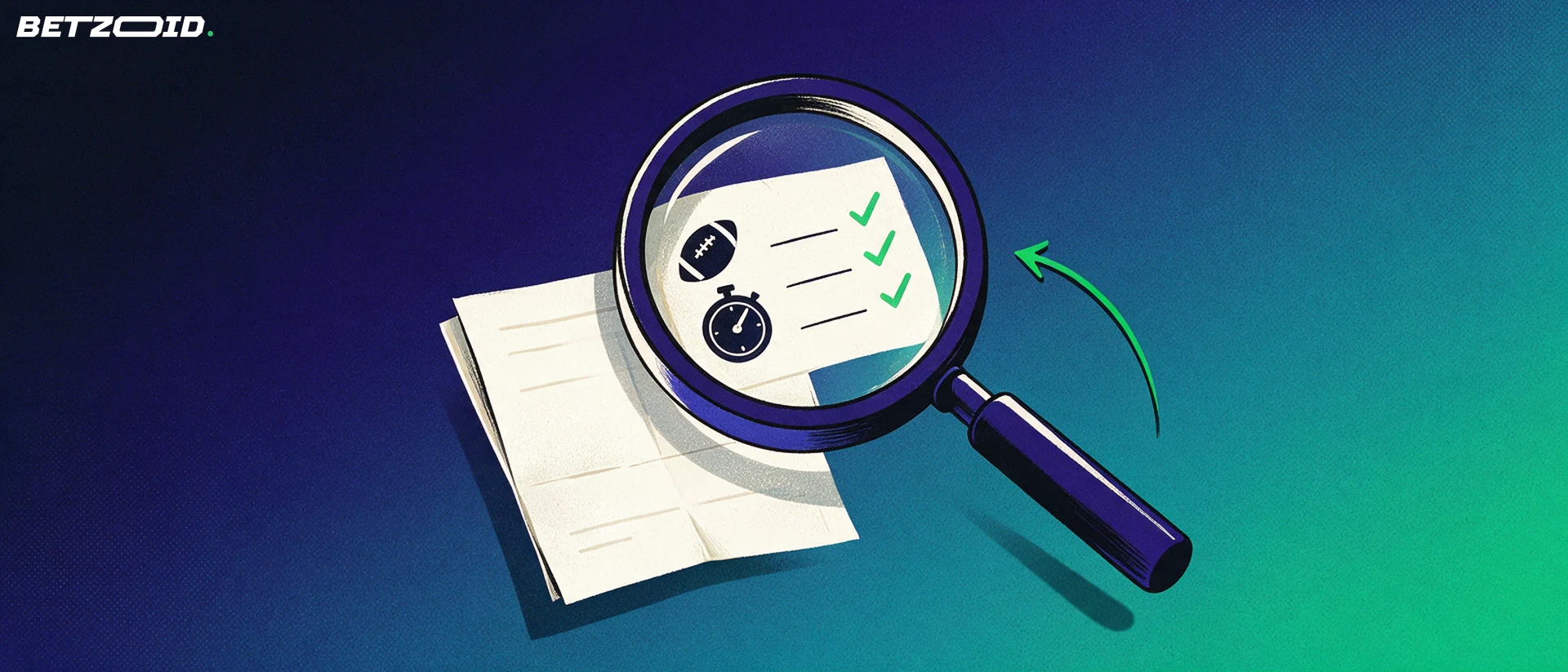 Ilustração de uma grande lupa examinando um bilhete de apostas com ícones de futebol e cronômetro e marcas de confirmação.