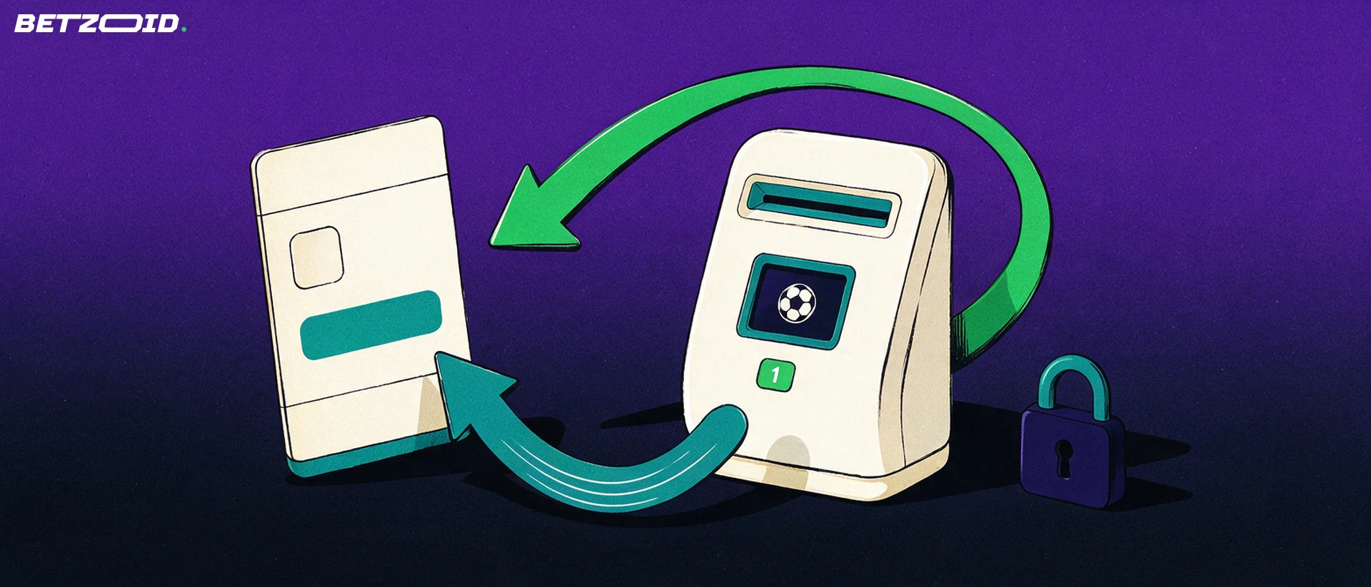 Ilustração de um cartão bancário e um terminal de pagamento com ícone de futebol, ligados por duas setas em círculo e um cadeado.