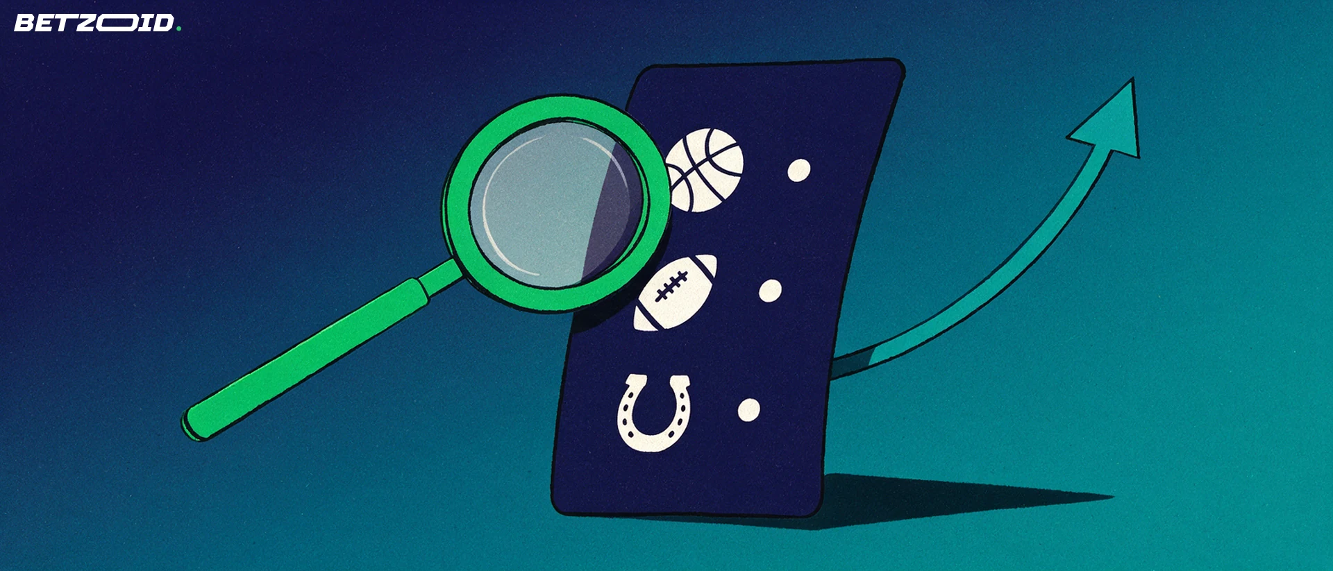 Illustration of a large magnifying glass examining an unbranded betting slip marked with simple basketball, football and horseshoe symbols.