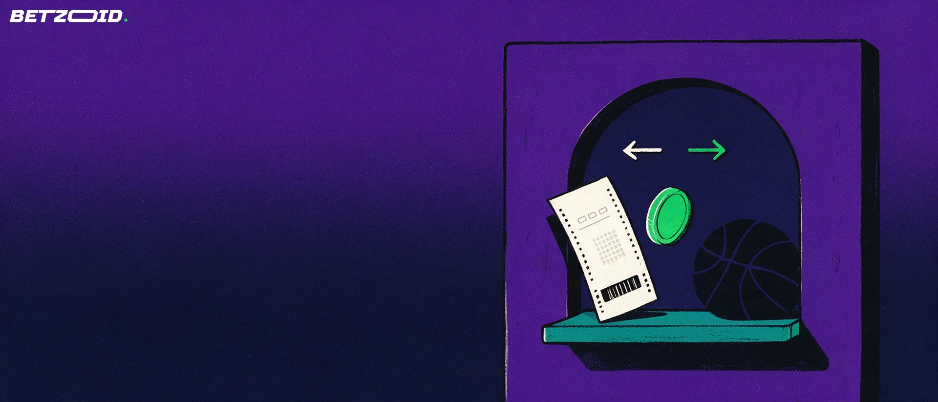 Illustration of a betting counter window where a wager ticket and a payout token are exchanged in opposite directions beside a basketball shape.