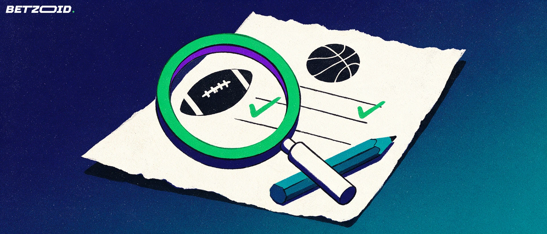 Ilustração de uma grande lupa sobre um boleto de apostas com símbolos de futebol e basquete e marcas de verificação.