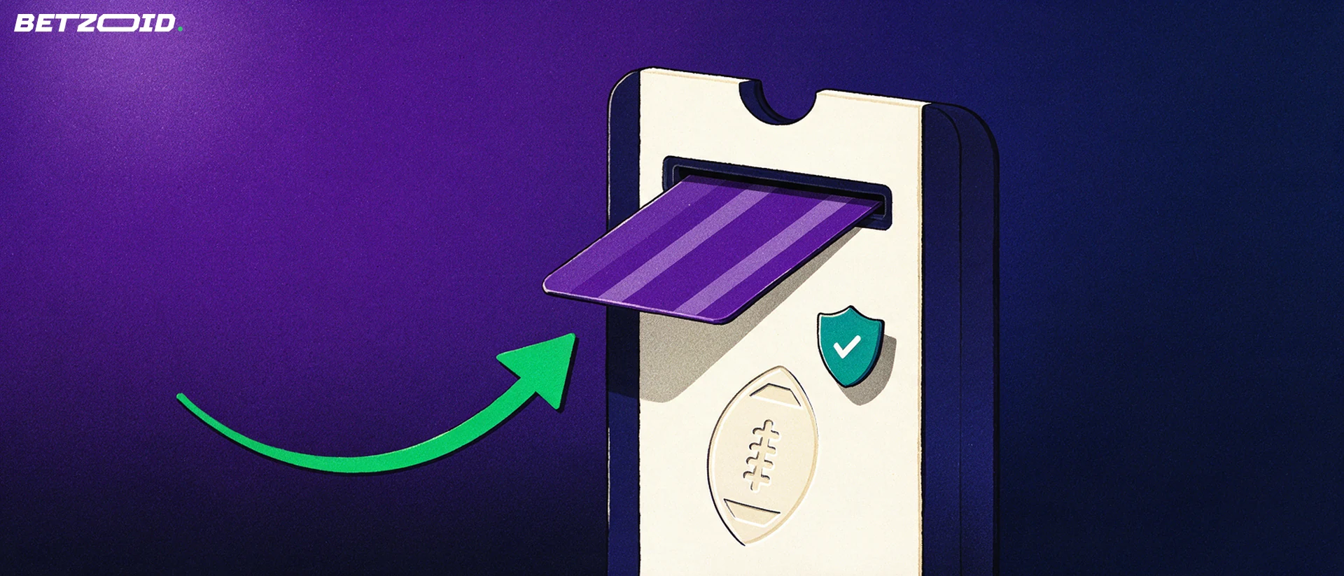 Ilustração de um cartão de pagamento entrando na ranhura de um terminal em forma de bilhete de aposta, com seta verde e escudo com marca de verificação.