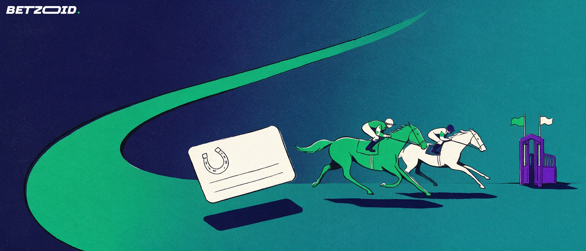 Illustration of two racehorses with jockeys running along a curved track beside a wager ticket marked with a horseshoe symbol.
