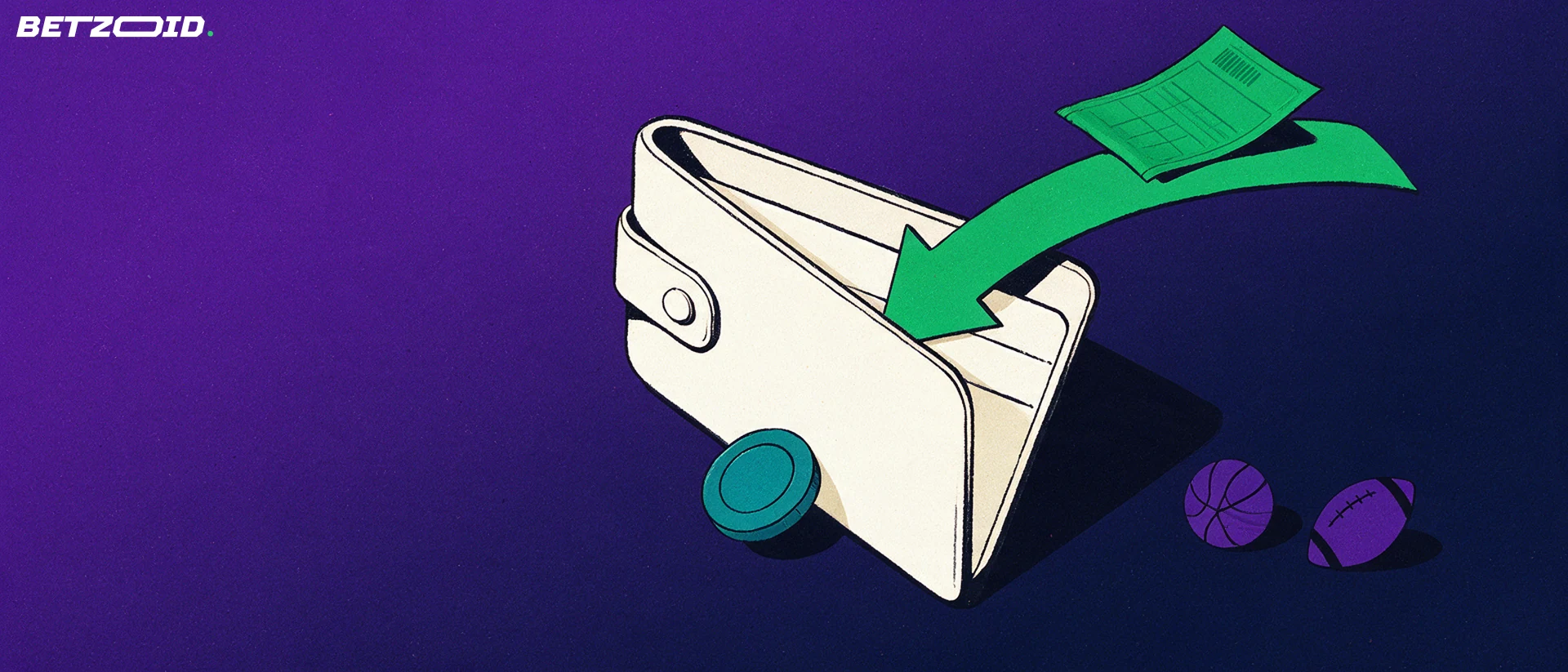 Illustration of a folded betting slip sliding along a curved arrow into an open wallet with a single token disc and small ball symbols.