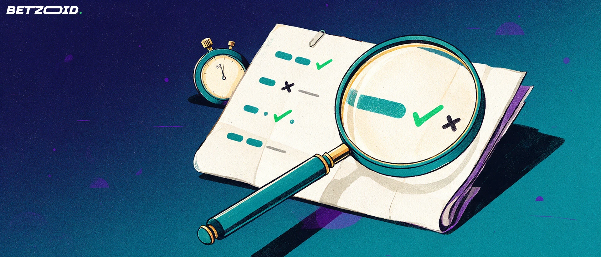 Ilustração de uma grande lupa examinando um bilhete de apostas com marcas de verificação e um cronómetro ao fundo.