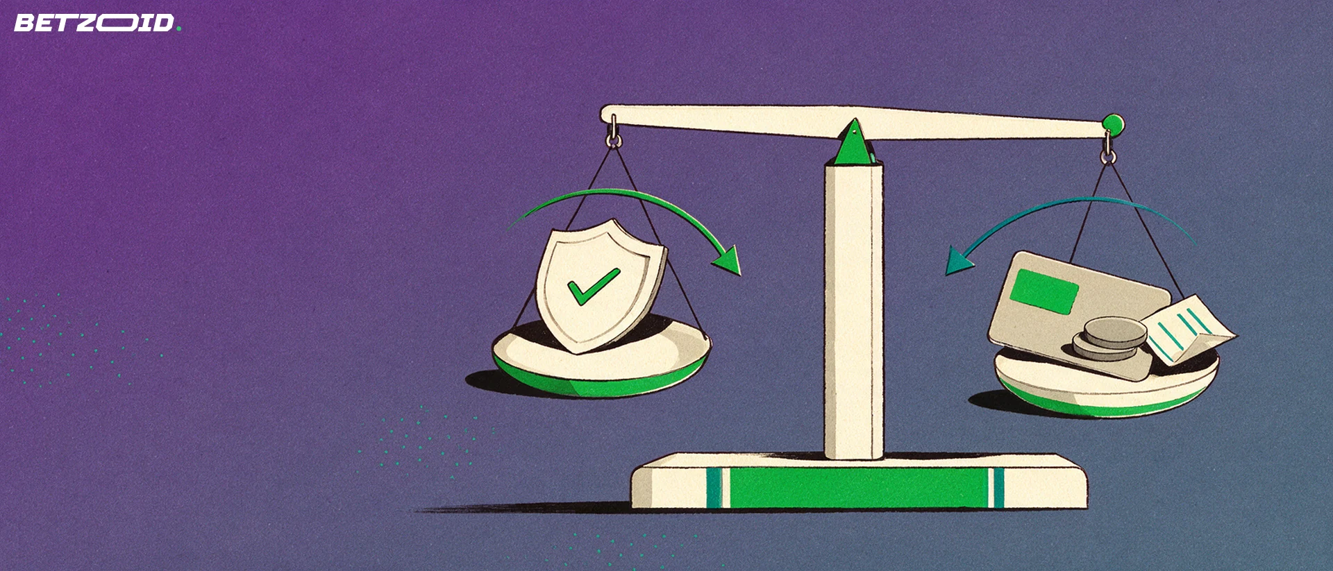 Ilustração de uma balança que compara um escudo com sinal de visto e um cartão bancário com moedas e um bilhete de apostas.