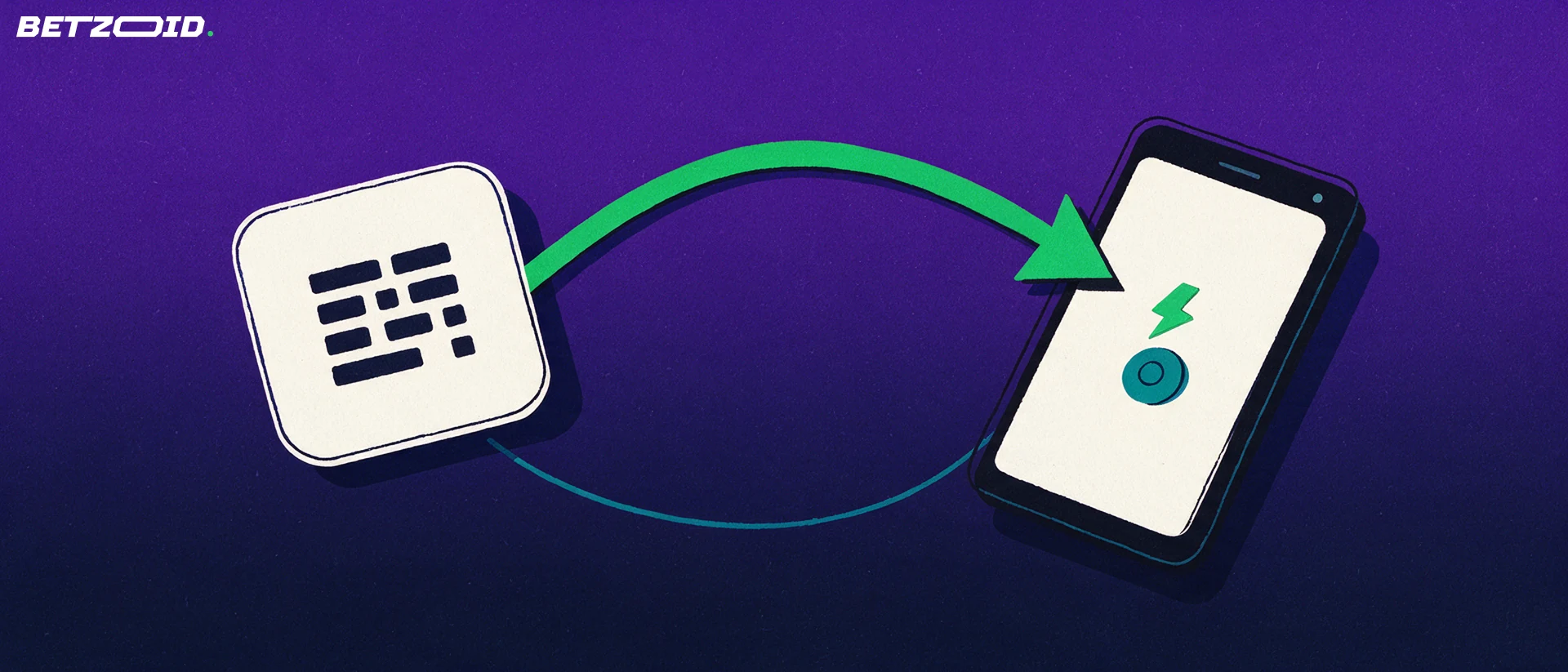 Ilustração de um quadrado de pagamento com padrão de código ligado por uma seta verde curva a um smartphone inclinado, cuja tela mostra um raio e uma moeda.