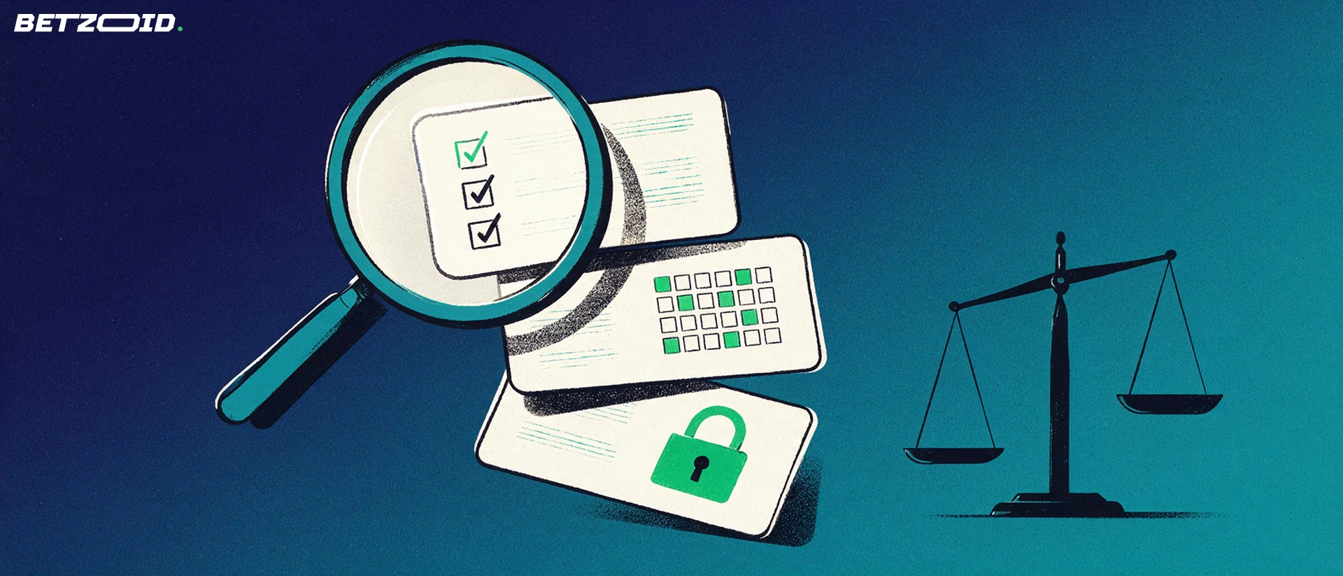 Ilustração de uma lupa grande examinando cartões empilhados com uma lista de verificação, um boletim de aposta abstrato e um cadeado, ao lado de uma pequena balança.