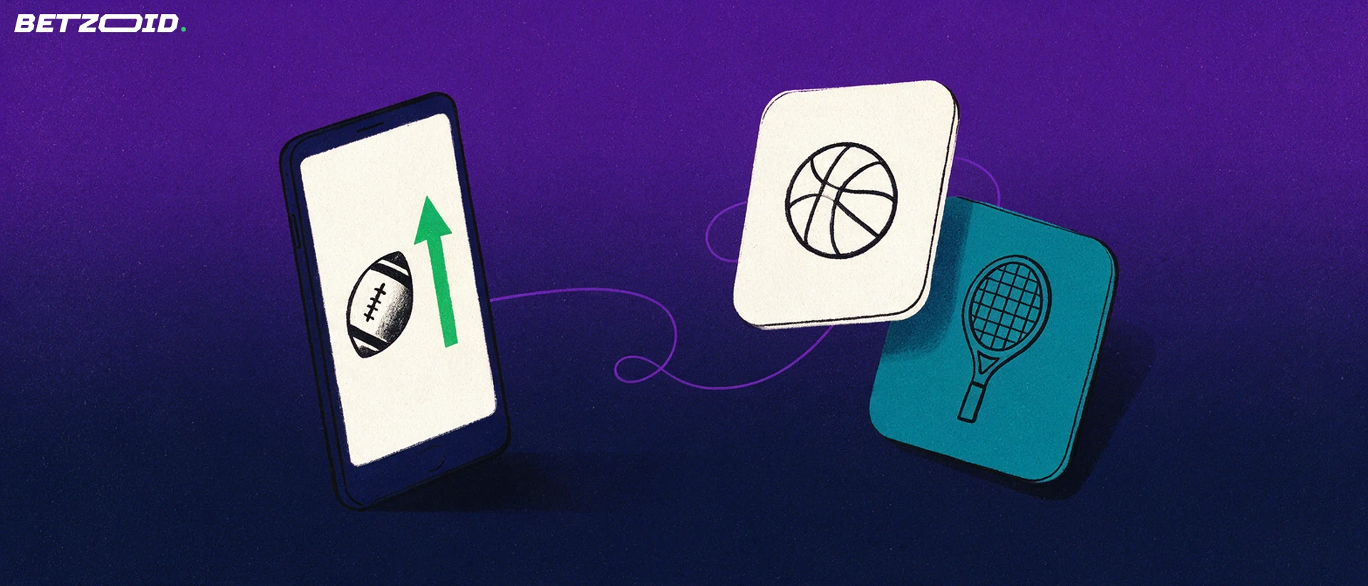 Ilustração de um smartphone com ícones de futebol e seta de alta na tela, ligado por uma linha a duas cartas com símbolos de basquete e tênis.