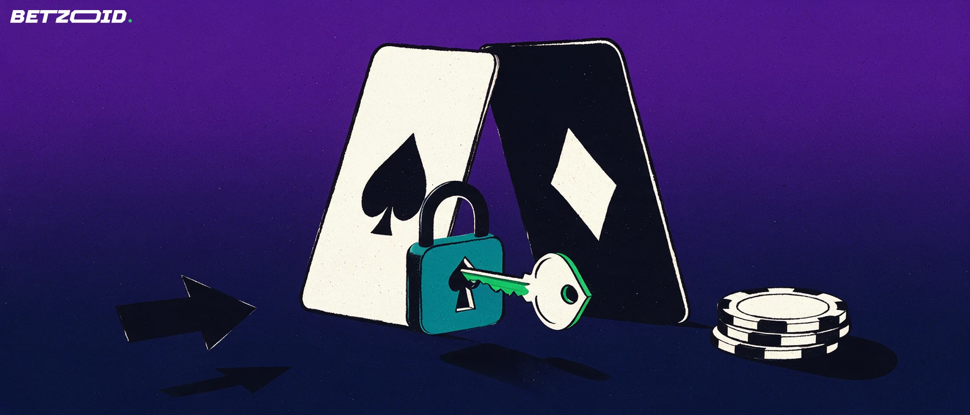 Ilustração de duas cartas de baralho gigantes formando um portal, com um cadeado de fechadura em forma de naipe de espadas, uma chave e fichas de pôquer.