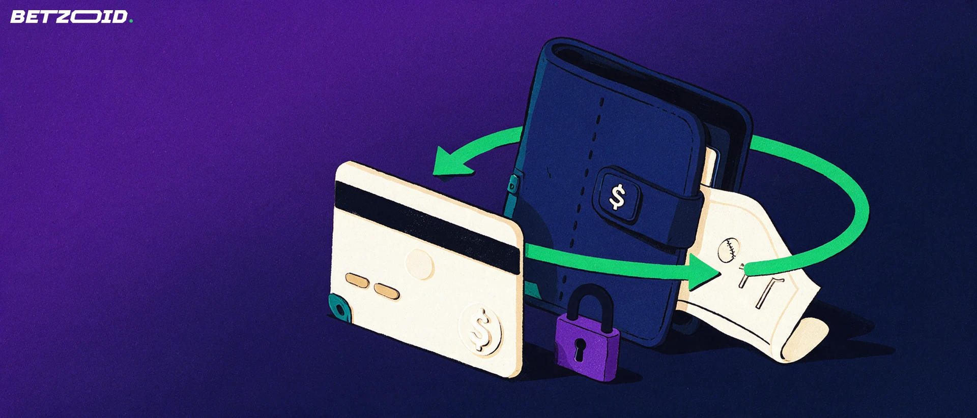 Illustration of a wallet, bank card and betting slip linked by a circular arrow showing deposits and withdrawals.