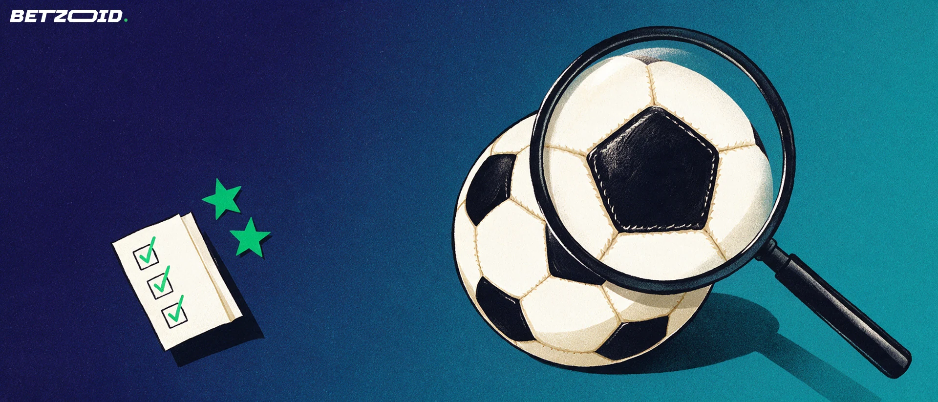 Ilustração de uma lupa ampliando uma bola de futebol ao lado de um bilhete de aposta com marcas de verificação e duas estrelas de avaliação.