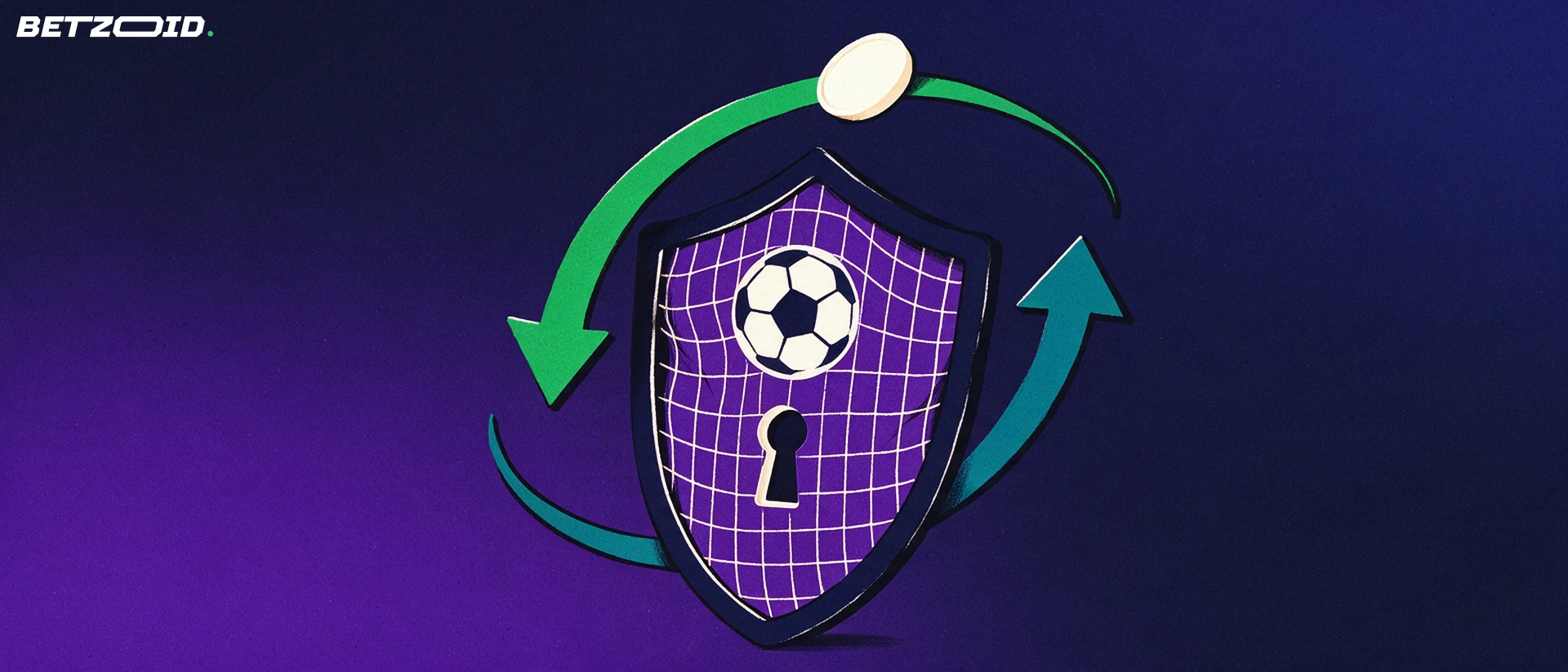 Ilustração de um escudo com padrão de rede de gol, bola de futebol e fechadura, cercado por setas curvas que indicam depósito e retirada.