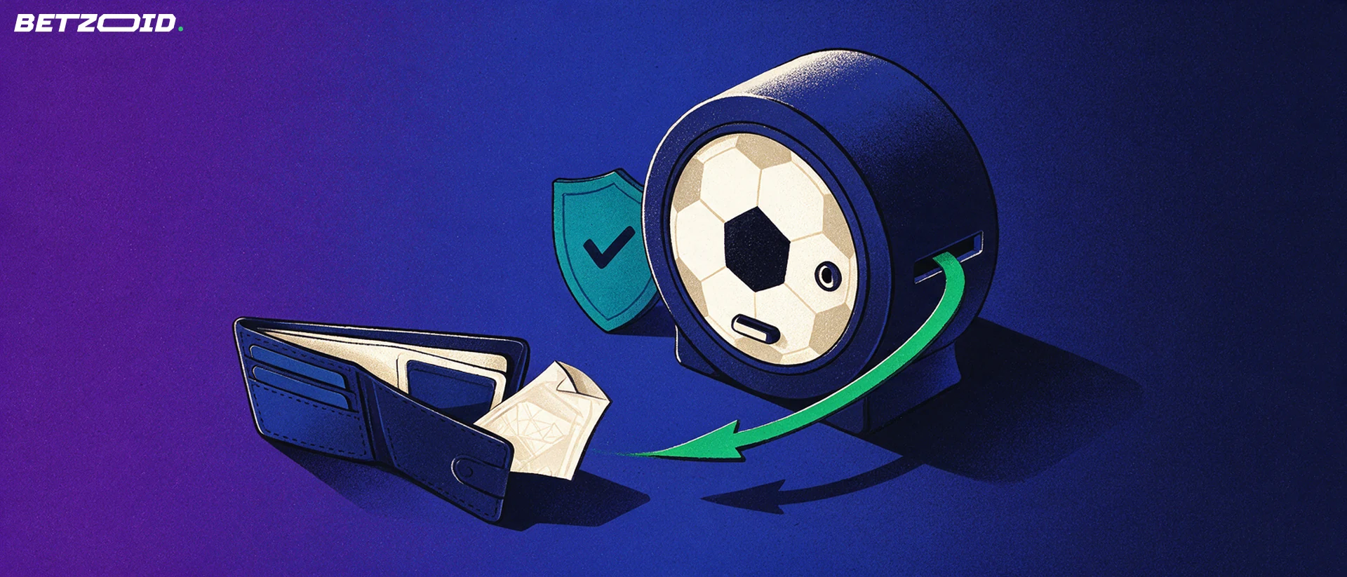 Ilustração de um cofre com padrão de bola de futebol e uma seta verde levando o valor até uma carteira aberta com um bilhete de apostas.