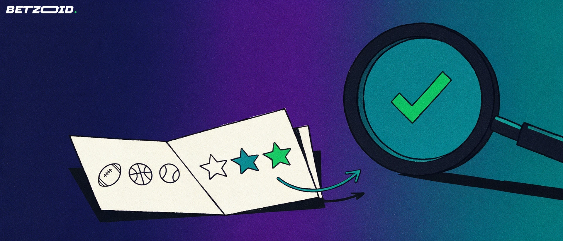 Ilustração de uma grande lupa examinando um bilhete de apostas com símbolos de futebol, basquete e tênis, estrelas de avaliação e um sinal de confirmação.