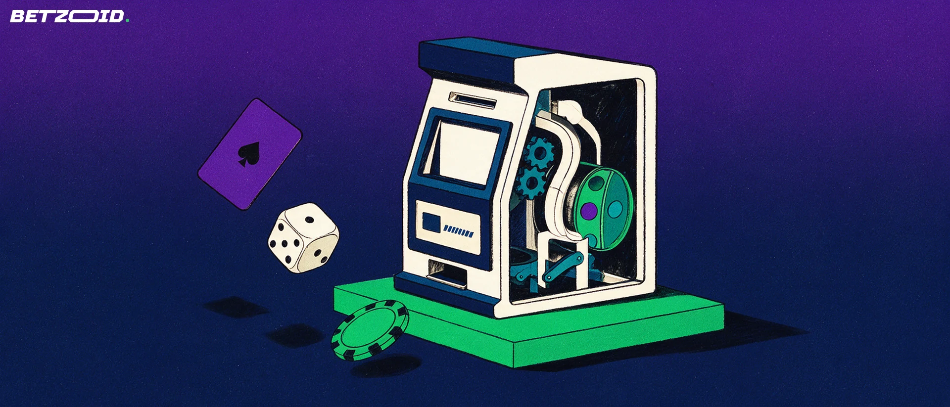 Ilustração de uma máquina de caça-níqueis em corte mostrando engrenagens internas, ao lado de uma carta, um dado e uma ficha.