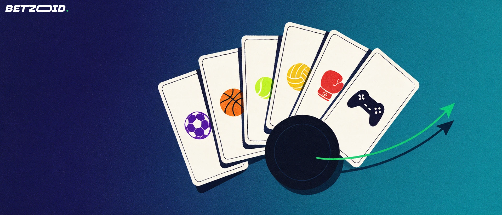 Ilustração de um leque de cartões brancos com símbolos de futebol, basquete, tênis, vôlei, boxe e videogame saindo de um núcleo escuro, com seta verde indicando a variedade de mercados.