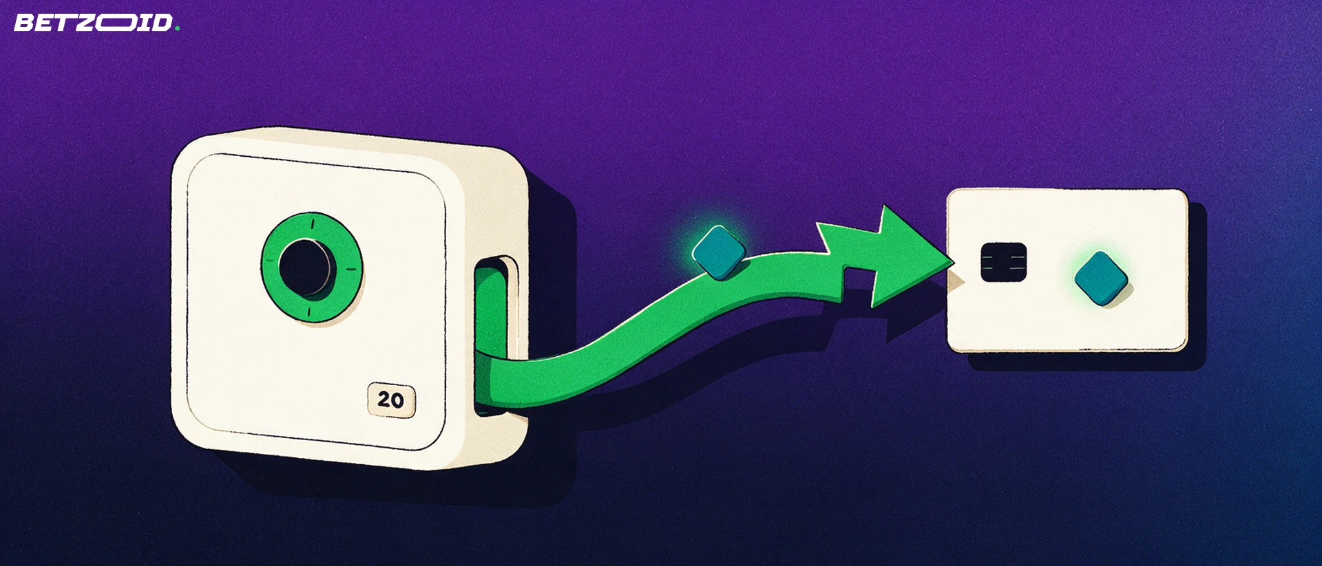 Ilustração de um cofre branco do qual sai uma seta verde em forma de relâmpago que leva um pequeno losango até um cartão bancário, representando saques instantâneos.