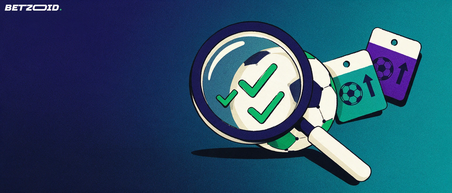 Ilustração de uma lupa grande sobre uma bola de futebol, com sinais de confirmação vistos pela lente e dois cupons de aposta estilizados ao fundo.
