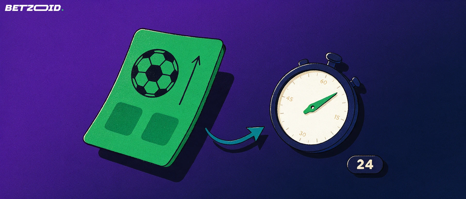Ilustração de um cupom de aposta inclinado com símbolo de futebol e seta, ao lado de um cronômetro, ligados por uma seta curva.