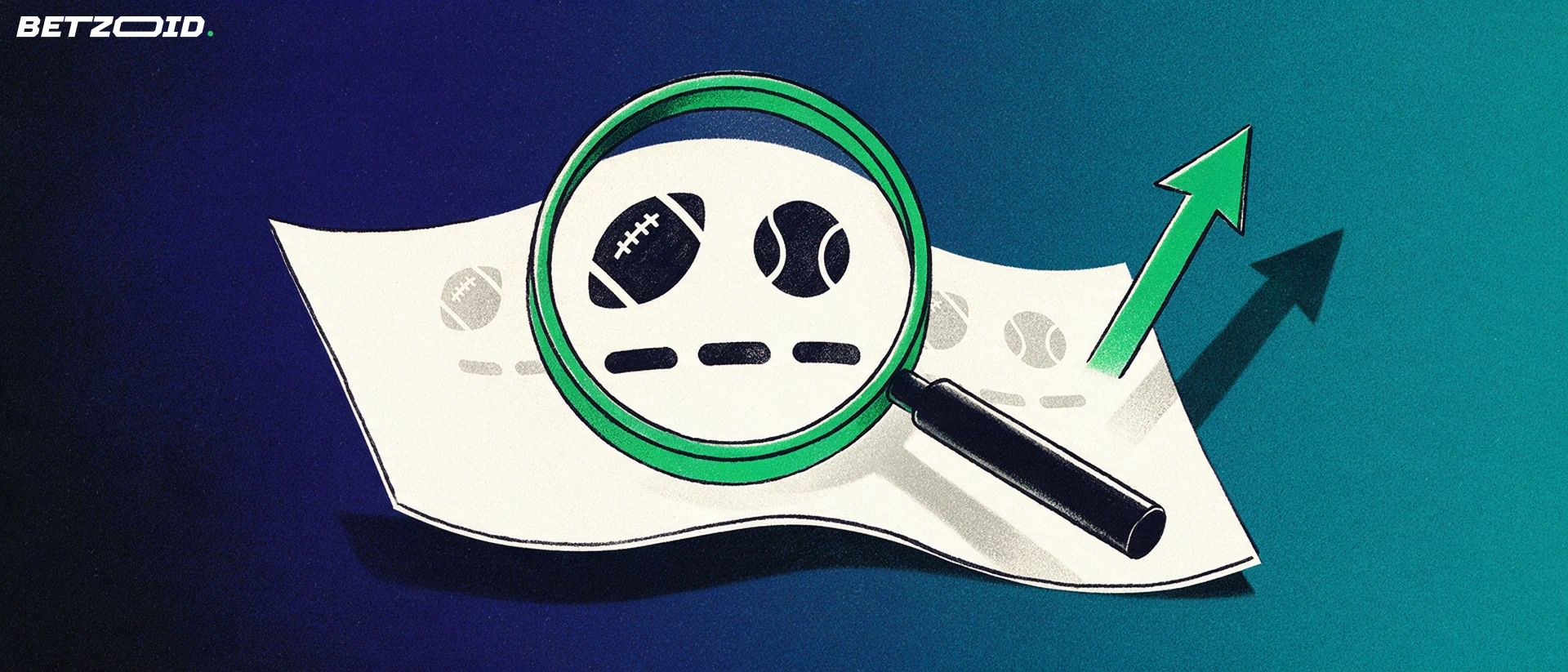 Ilustração de uma lupa ampliando um boletim de apostas com ícones de bola de futebol, bola de tênis e uma seta ascendente.