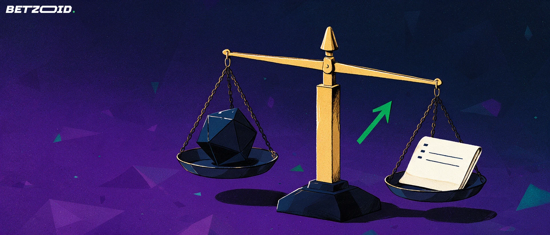 Ilustração de uma balança de dois pratos equilibrando uma bola de futebol e um documento com marcas de verificação, ao lado de uma seta para cima.